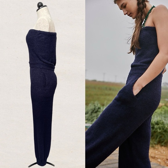 FP Beach Free People Claire One-Piece Pants Jumpsuit Navy Blue Terry Cloth Knit - Picture 5 of 8